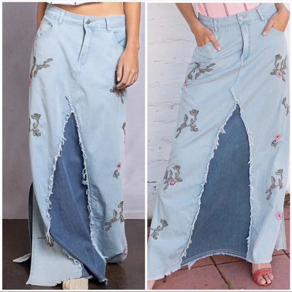 FLOWER CHILD Bohemian Long Denim Maxi Skirt - Picture 11 of 15